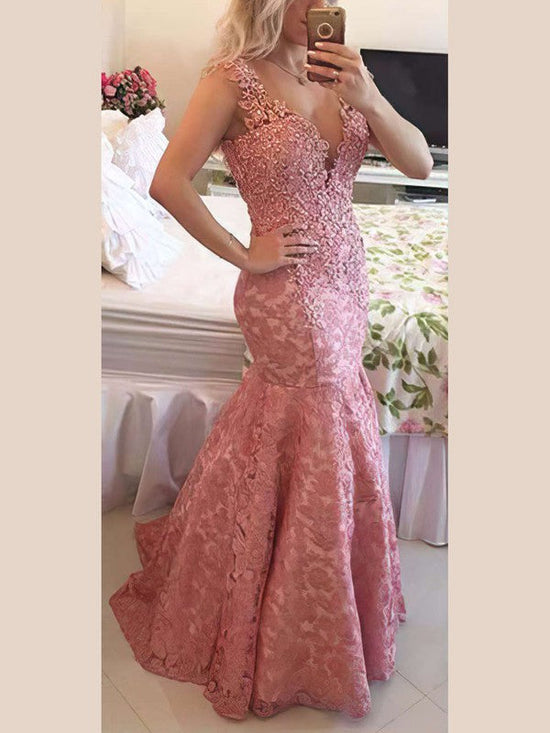 V-neck Lace Appliques Trumpet/Mermaid Prom Dress with Sweep Train