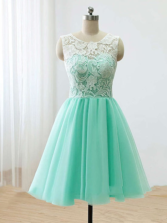 A-line Scoop Neck Lace Tulle Short Prom Dress