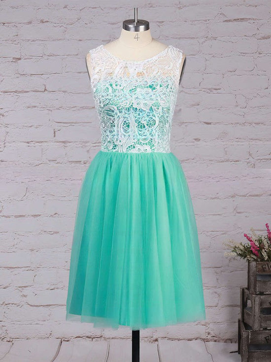 A-line Scoop Neck Lace Tulle Short Prom Dress