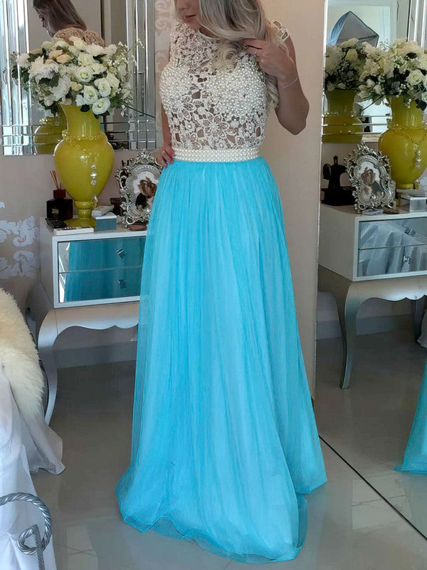 A-line Scoop Neck Lace Chiffon Floor-length Prom Dress with Crystal Detailing