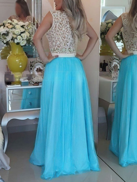 A-line Scoop Neck Lace Chiffon Floor-length Prom Dress with Crystal Detailing