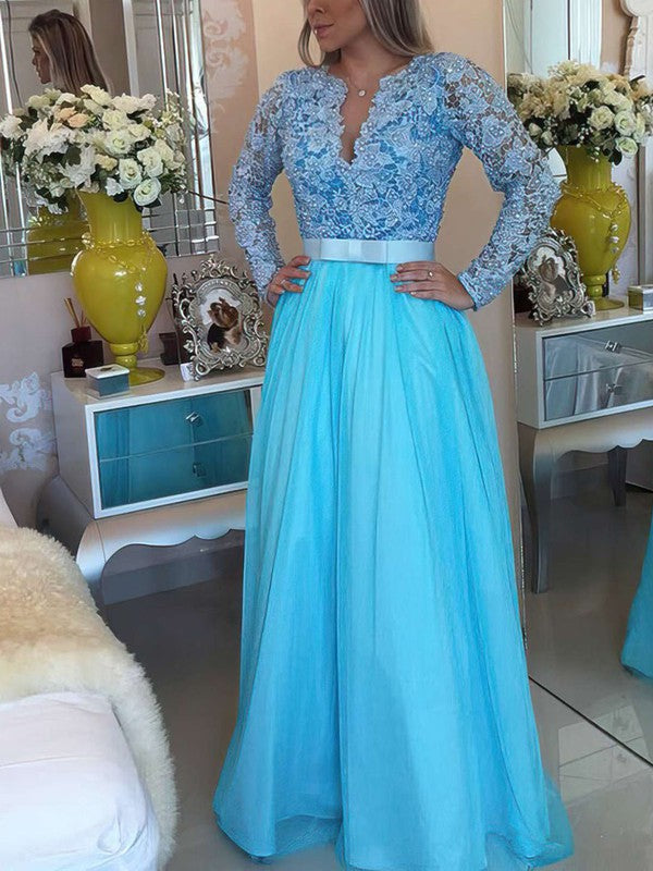 A-line V-neck Lace Chiffon Floor-length Prom Dress with Sashes and Ribbons