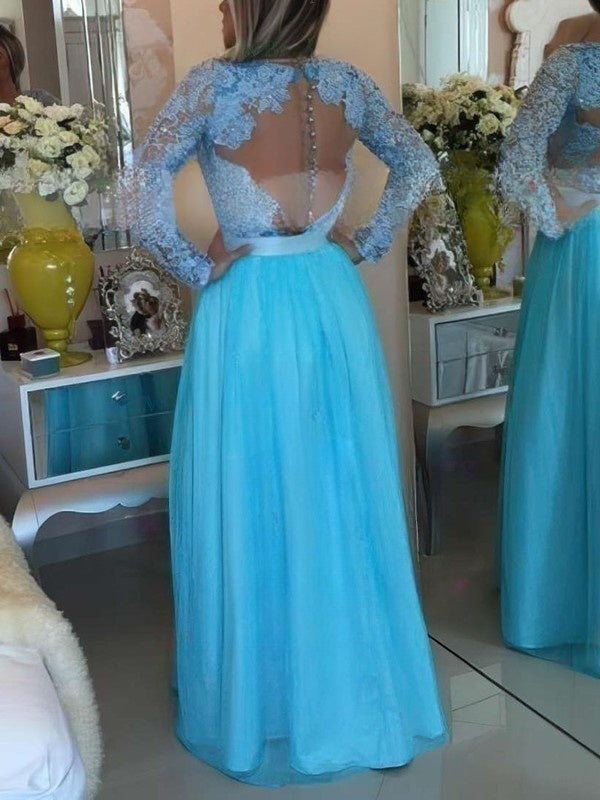 A-line V-neck Lace Chiffon Floor-length Prom Dress with Sashes and Ribbons