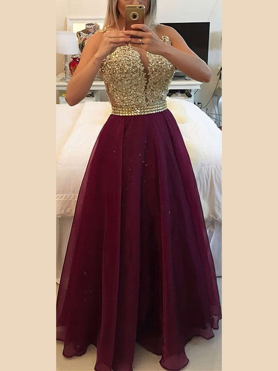 A-line Scoop Neck Chiffon Floor-length Prom Dress with Beading