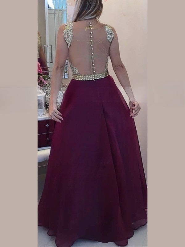 A-line Scoop Neck Chiffon Floor-length Prom Dress with Beading