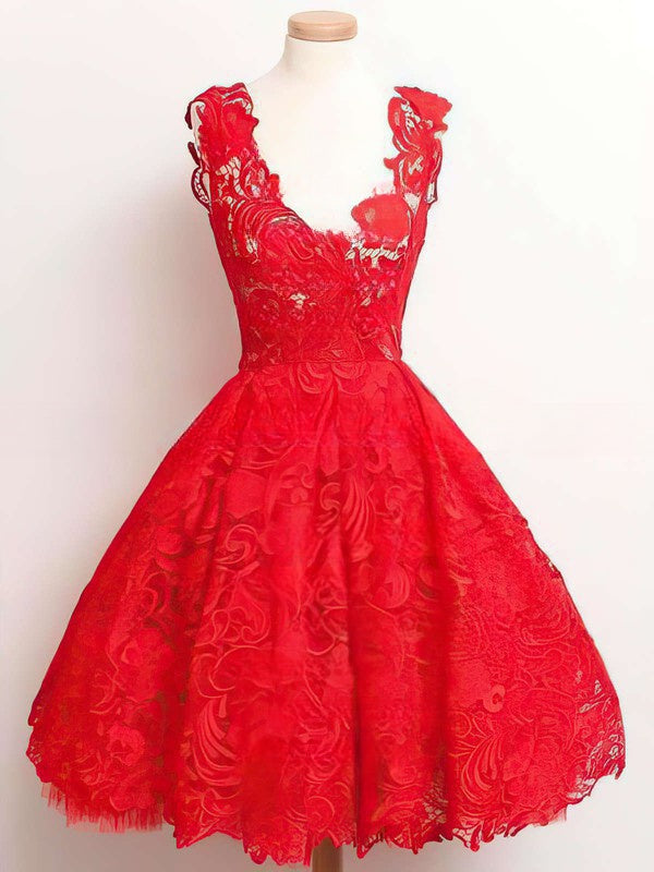 A-line V-neck Lace Knee-length Appliques Lace Short Prom Dresses