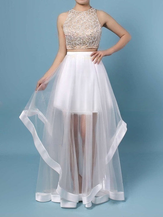 A-line Scoop Neck Tulle Floor-length Beading Prom Dress