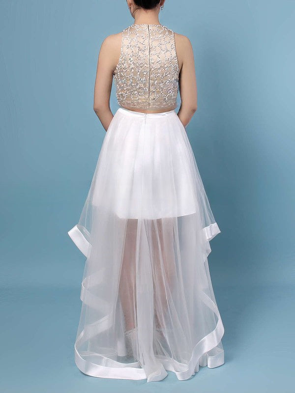 A-line Scoop Neck Tulle Floor-length Beading Prom Dress