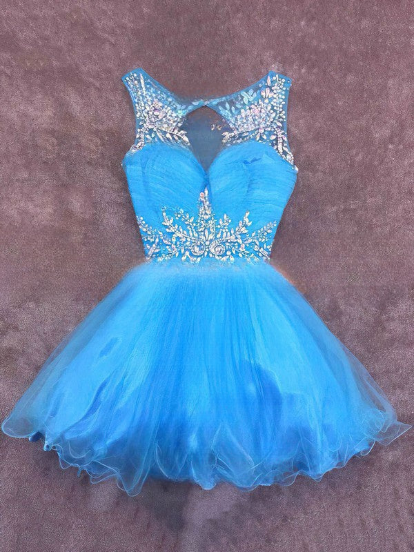 Look Stunning in A-line Scoop Neck Tulle Short Prom Dress with Beading