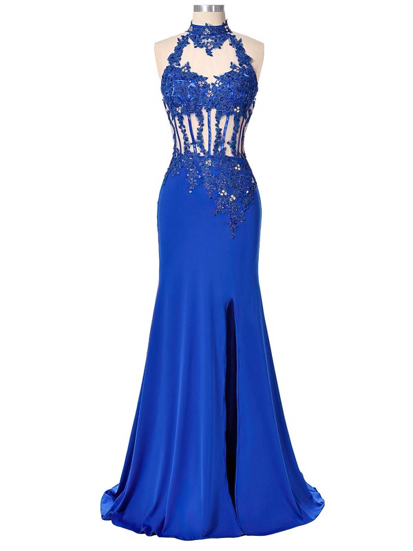 Silk-Like Satin Beaded Trumpet/Mermaid High Neck Prom Dress with Sweep Train