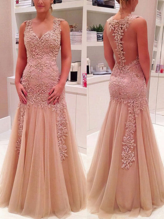 V-Neck Tulle Prom Dress with Lace Appliques for Trumpet/Mermaid Look
