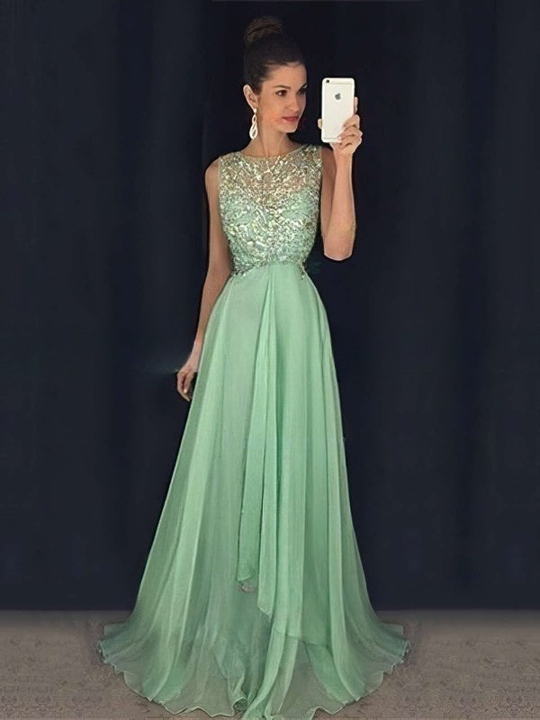 A-line Scoop Neck Chiffon Prom Dress with Beading and Sweep Train