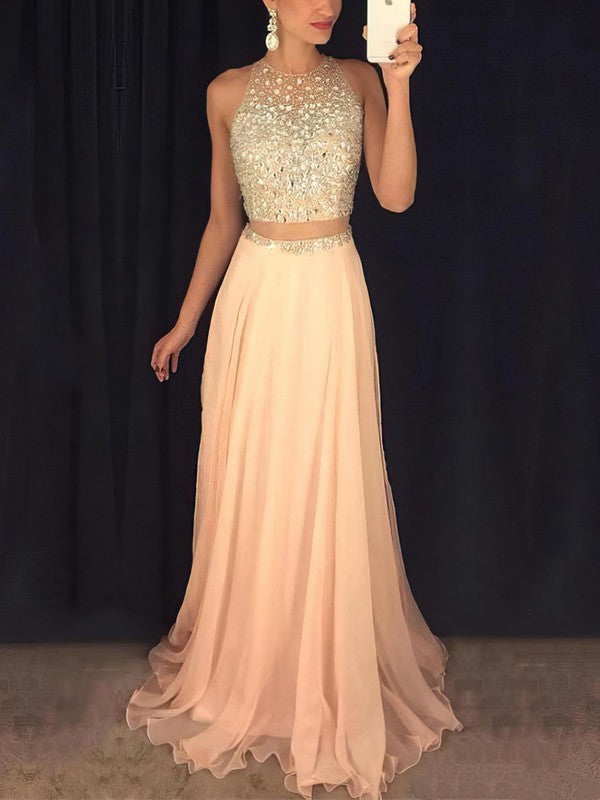 A-line Sweep Train Scoop Neck Chiffon Tulle Beading Prom Dress