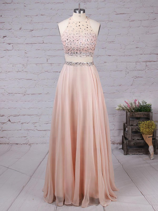 A-line Sweep Train Scoop Neck Chiffon Tulle Beading Prom Dress