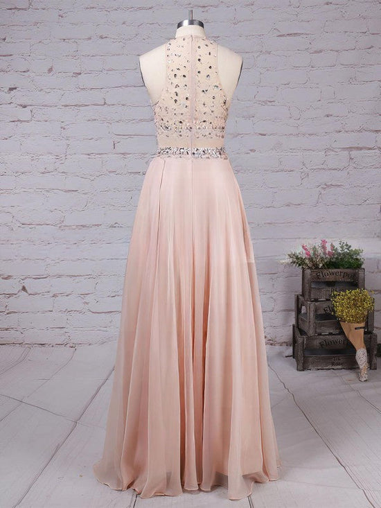 A-line Sweep Train Scoop Neck Chiffon Tulle Beading Prom Dress