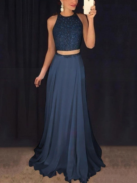 A-line Sweep Train Scoop Neck Chiffon Tulle Beading Prom Dress