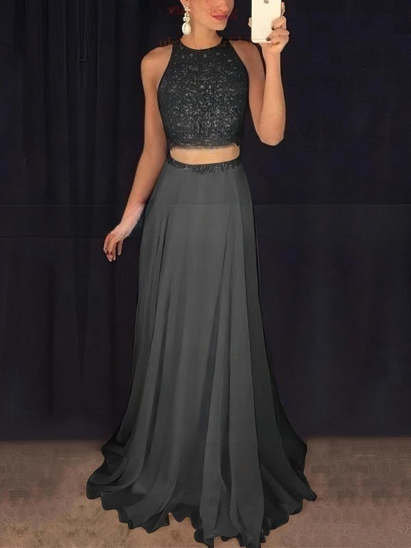 A-line Sweep Train Scoop Neck Chiffon Tulle Beading Prom Dress