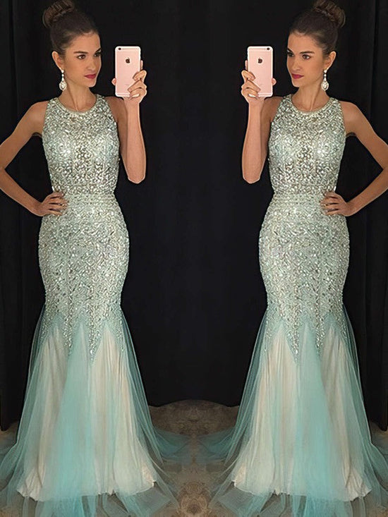 Gorgeous Trumpet/Mermaid Scoop Neck Tulle Prom Dress with Beading