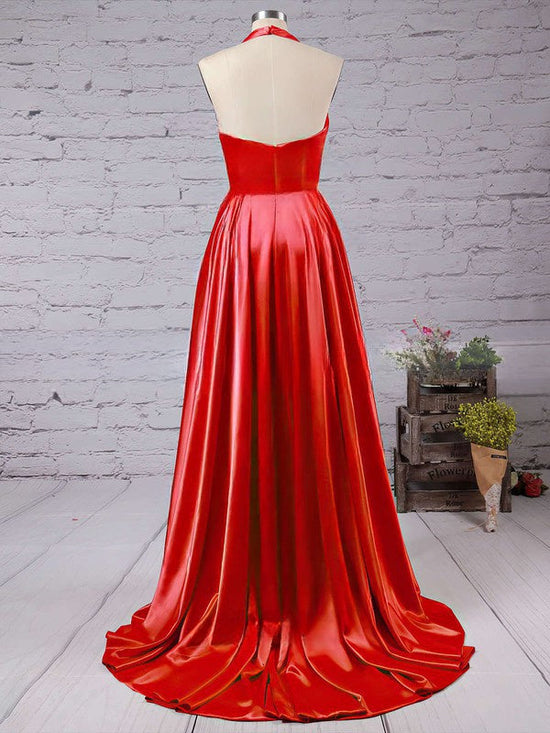 A-line V-neck Satin Prom Dress with Court Train and Split Front