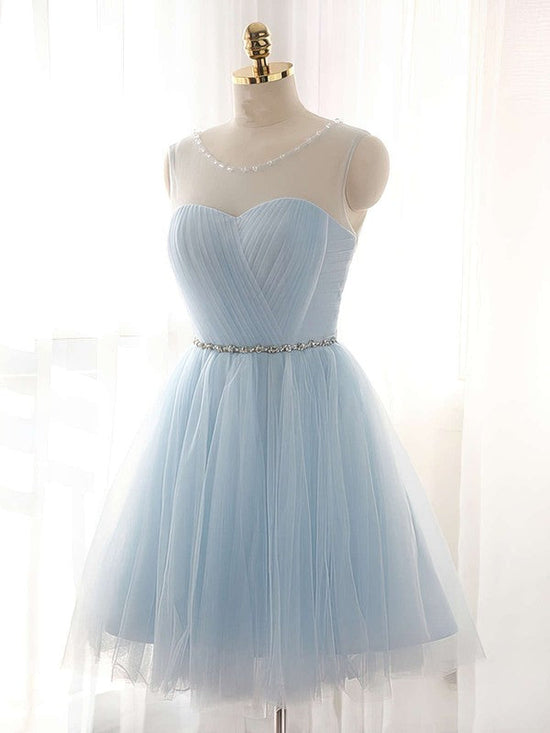 A-line Scoop Neck Beaded Tulle Short/Mini Prom Dress