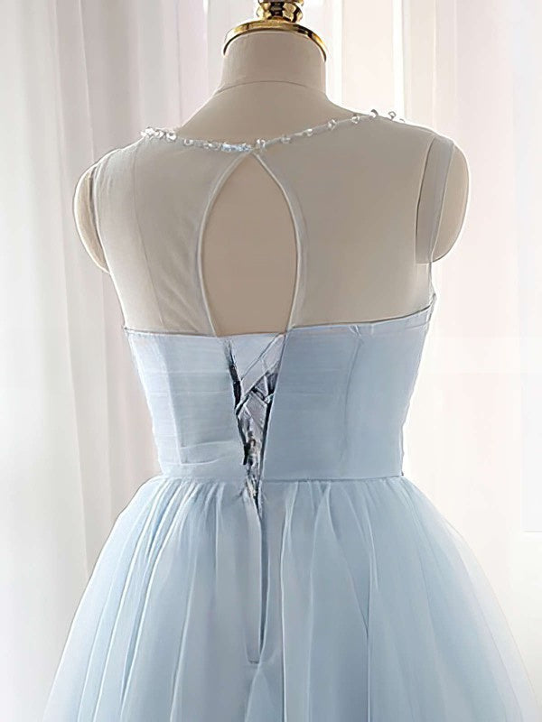 A-line Scoop Neck Beaded Tulle Short/Mini Prom Dress