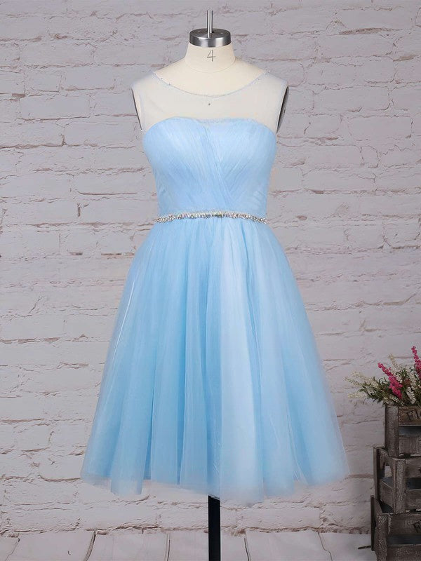 A-line Scoop Neck Beaded Tulle Short/Mini Prom Dress