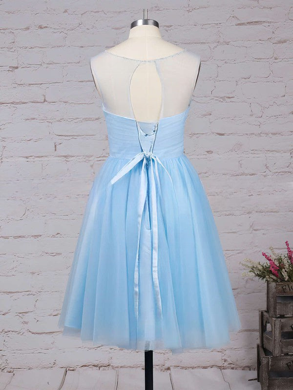 A-line Scoop Neck Beaded Tulle Short/Mini Prom Dress