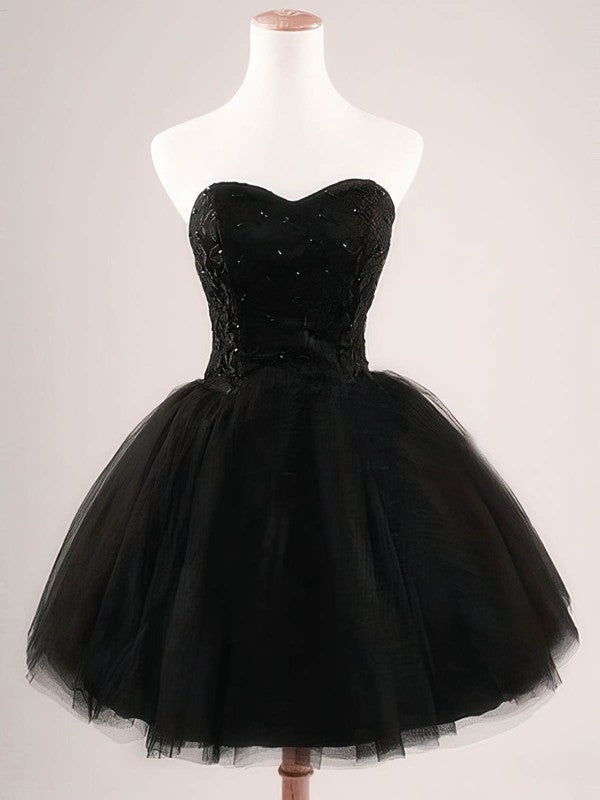 Simple Black Short Prom Dresses - Ball Gown Sweetheart Tulle Short/Mini with Sequins