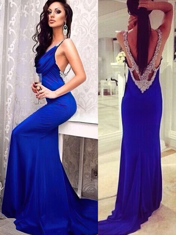 Sheath/Column Cowl Neck Jersey Prom Dress with Crystal Detailing and Sweep Train