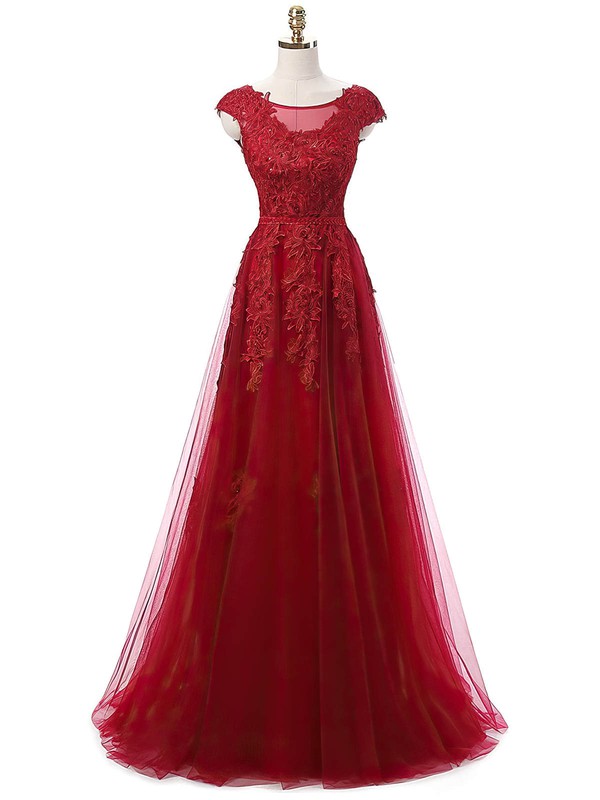 Elegant A-line Scoop Neck Floor-length Tulle Prom Dress with Appliques Lace