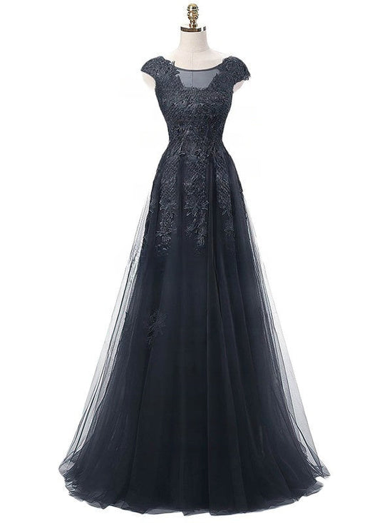 Elegant A-line Scoop Neck Floor-length Tulle Prom Dress with Appliques Lace