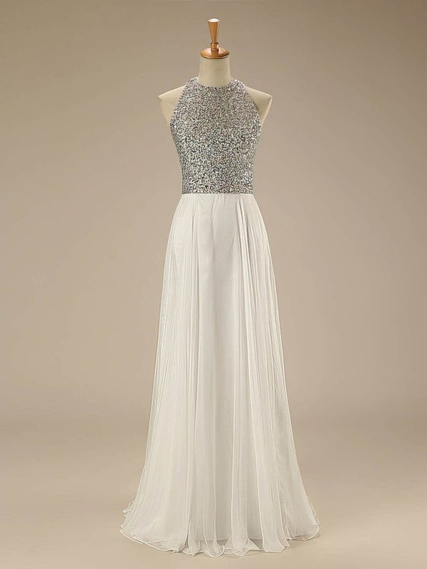 A-line Scoop Neck Floor-length Chiffon Beading Prom Dress