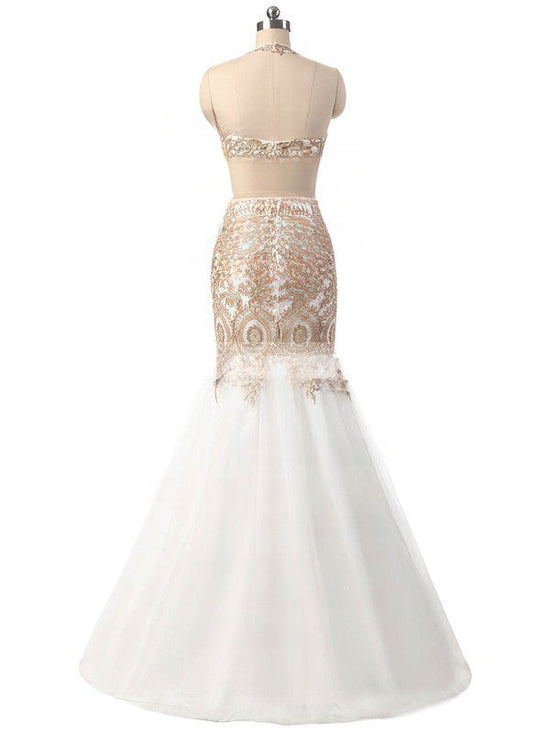 Gorgeous Tulle Lace Appliques Prom Dress with Halter Mermaid/Trumpet Style