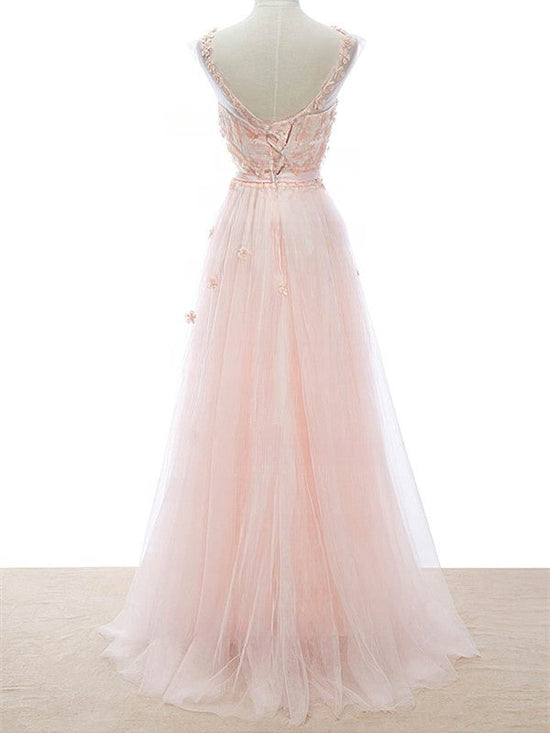 A-line Prom Dress with Scoop Neck and Floor-length Tulle Sashes/Ribbons