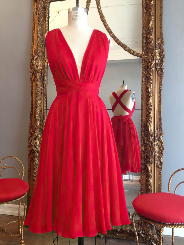 A-line V-neck Chiffon Knee-length Prom Dress with Red Ruffles and Backless Design