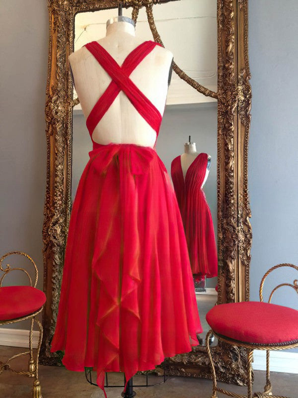 A-line V-neck Chiffon Knee-length Prom Dress with Red Ruffles and Backless Design