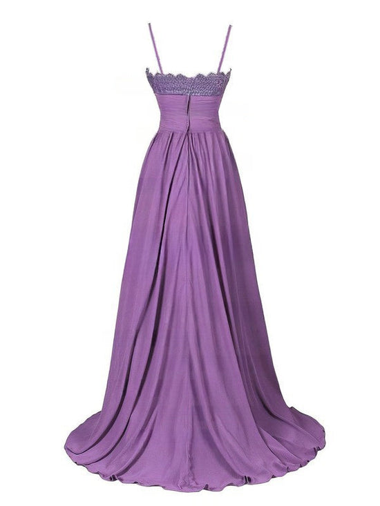 A-Line V-Neck Chiffon Appliques Lace Prom Dress with Sweep Train