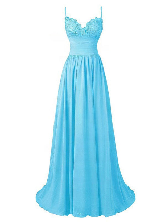 A-Line V-Neck Chiffon Appliques Lace Prom Dress with Sweep Train