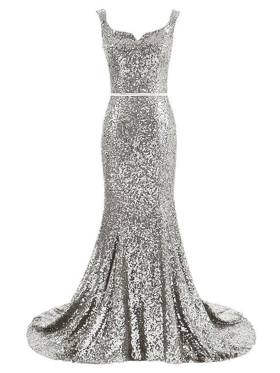 Stunning Trumpet/Mermaid Prom Dress with Square Neckline and Court Train, Sequined Sashes / Ribbons