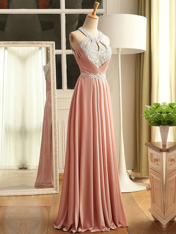 A-line Scoop Neck Chiffon Floor-length Prom Dress with Crystal Detailing