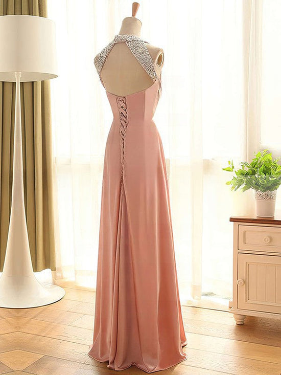A-line Scoop Neck Chiffon Floor-length Prom Dress with Crystal Detailing