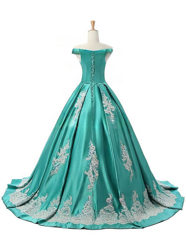 Off-the-shoulder Satin Ball Gown with Appliques and Sweep Train for Prom