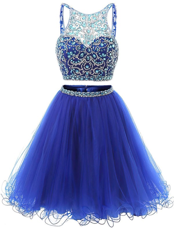 Royal Blue Backless Short Prom Dress - Two Piece A-line Tulle Beading Mini