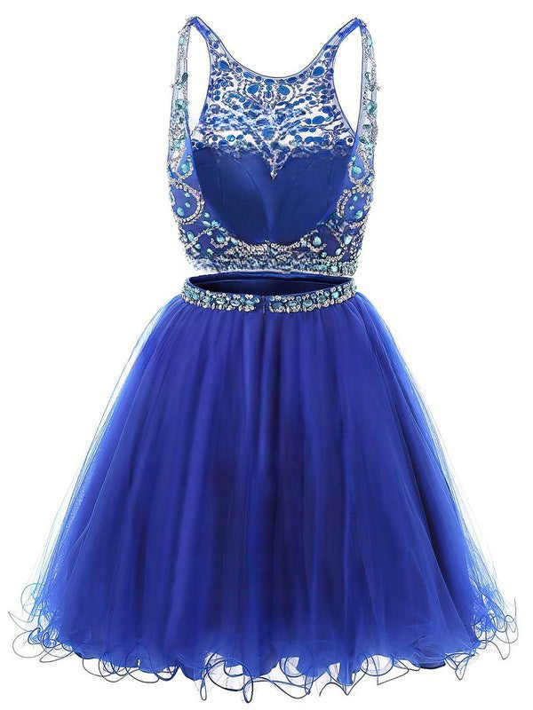 Royal Blue Backless Short Prom Dress - Two Piece A-line Tulle Beading Mini