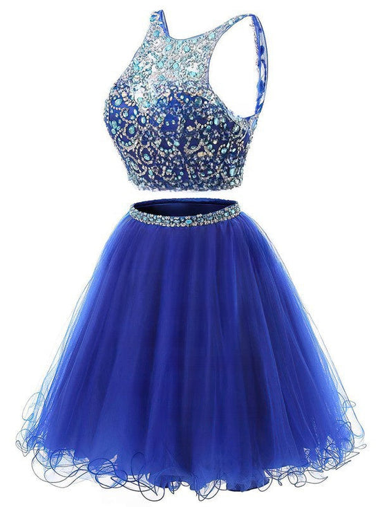 Royal Blue Backless Short Prom Dress - Two Piece A-line Tulle Beading Mini