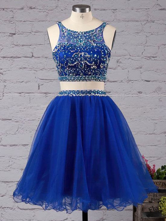 Royal Blue Backless Short Prom Dress - Two Piece A-line Tulle Beading Mini