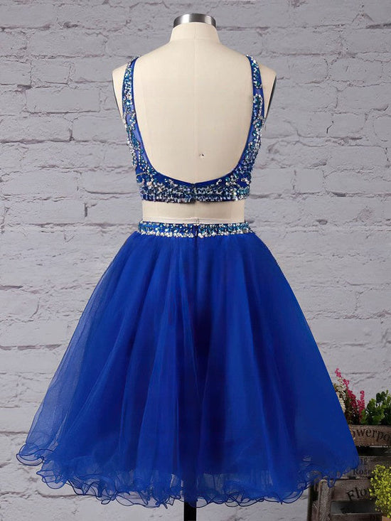 Royal Blue Backless Short Prom Dress - Two Piece A-line Tulle Beading Mini