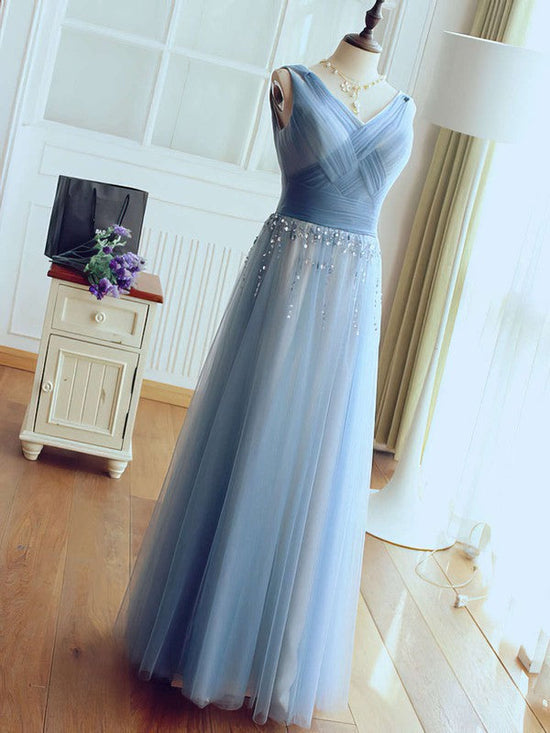 A-line V-neck Tulle Floor-length Prom Dresses with Beading