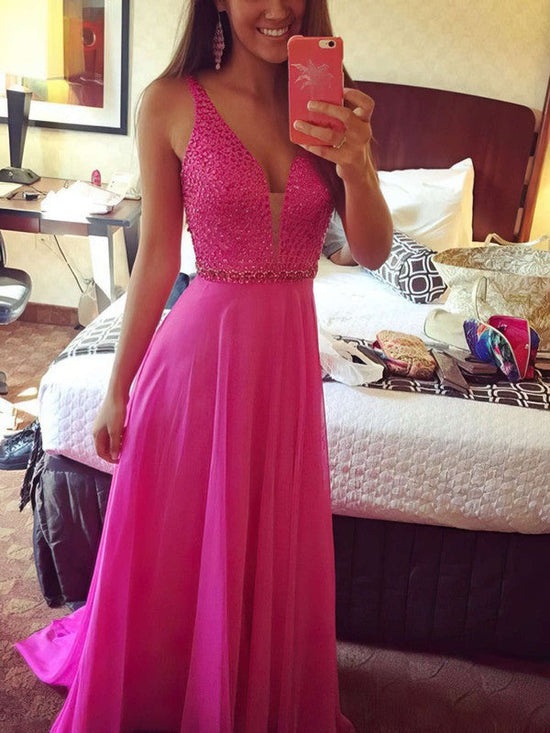 A-line V-neck Chiffon Prom Dress with Sweep Train and Beading