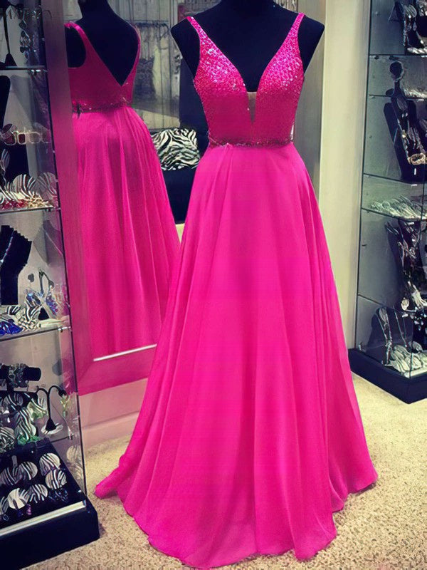 A-line V-neck Chiffon Prom Dress with Sweep Train and Beading
